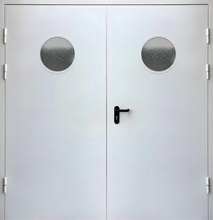 Равностворчатая металлическая огнестойкая дверь EI-60 с круглыми окнами Равностворчатая металлическая огнестойкая дверь EI-60 с круглыми окнами