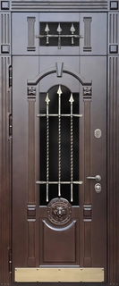 Остекленная термодверь с фрамугой, ковкой и отбойником (коричневые панели МДФ) Остекленная термодверь с фрамугой, ковкой и отбойником (коричневые панели МДФ)