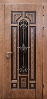 Стальная термодверь с узким стеклом и ковкой (шпонированные панели МДФ)