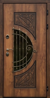 Уличная термодверь МДФ с полукруглым стеклом и кованой решеткой