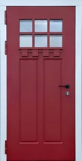 Остекленная термодверь с красной панелью и белыми наличниками (отделка МДФ)