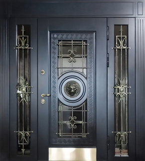 Входная группа «термо» с декором «лев» и отбойником (остекление + решетки)